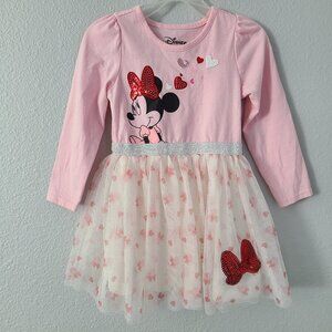 Disney Minnie Mouse Girls Pink Long Sleeve Tulle Dress w/hearts pink size 4